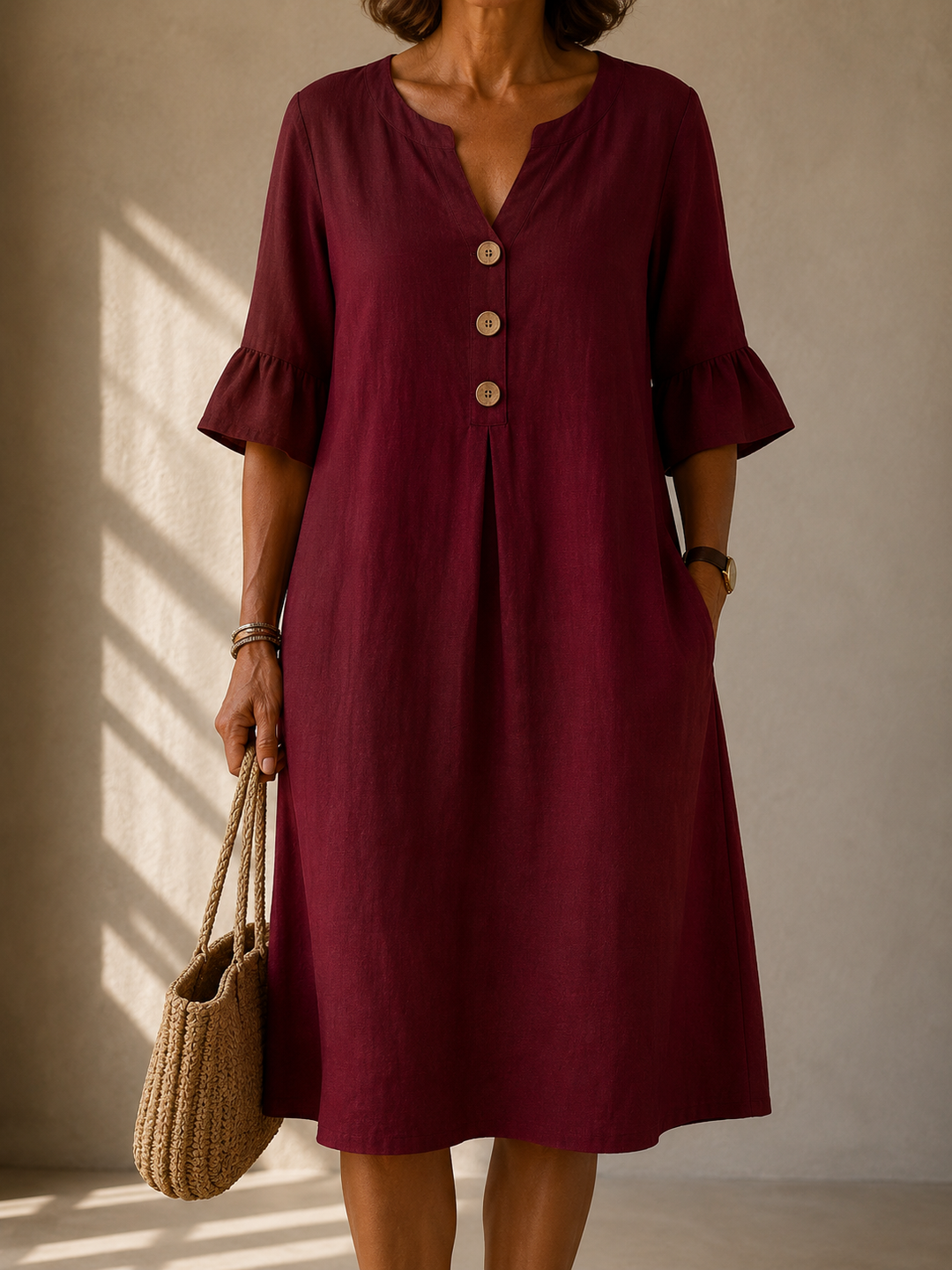 Button-Front Ruffled Dress for Women – Leather-Look Finish, Side Pockets, Relaxed Fit