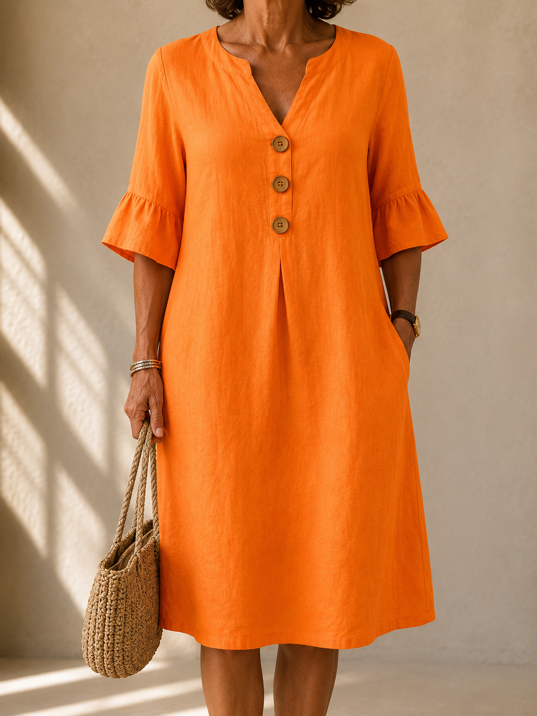 Ruffled Button-Front Dress for Women – Relaxed Fit, Side Pockets, Breathable Fabric