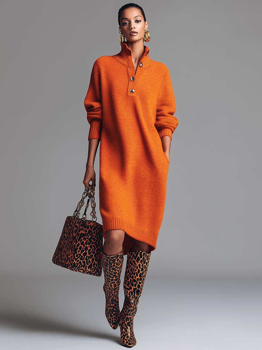 Button-Front Knit Midi Dress for Women – Warm Lining, Soft Knit in Orange