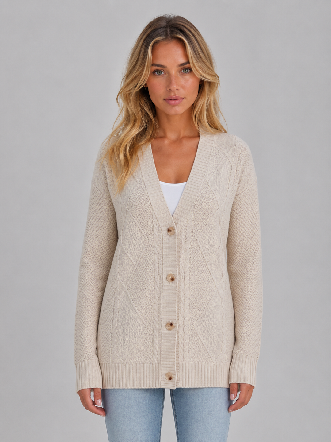 Cable Knit V-Neck Cardigan for Women – Button Front, Soft Knit, Relaxed Fit