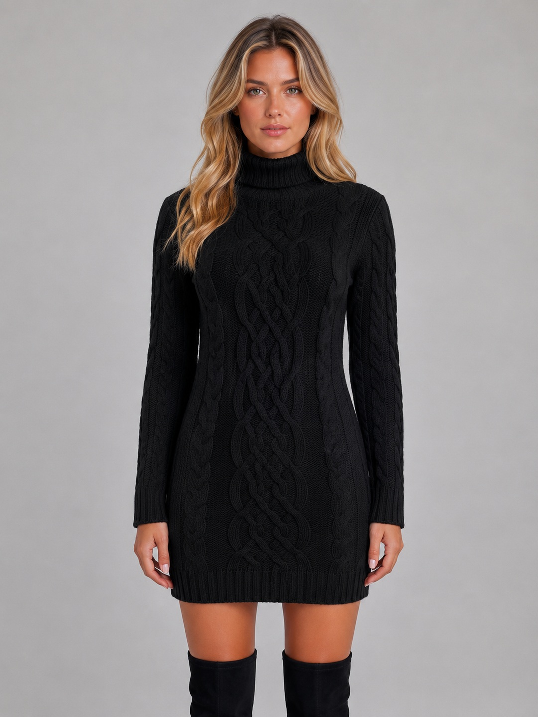 Cable Knit Roll Neck Sweater Dress for Women – Midi Length, Ribbed Cuffs and Hem