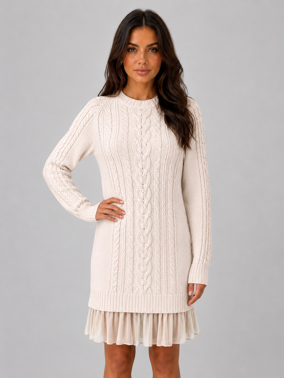 Crew Neck Cable Knit Dress for Women – Pleated Hem, Ribbed Cuffs, Knee Length