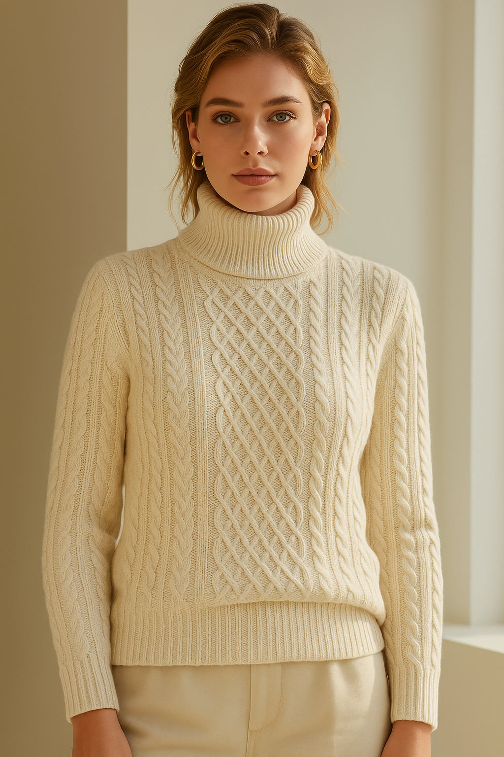 Cable Knit Turtleneck Sweater for Women – Warm Lining, Ribbed Cuffs and Hem in Cream
