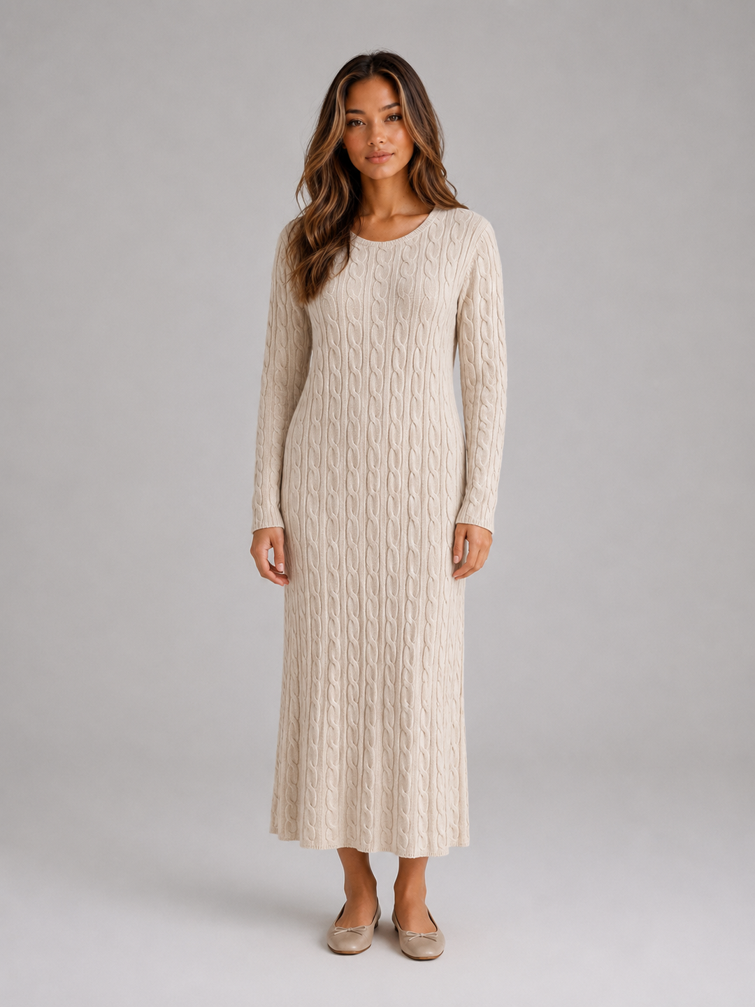 Cable Knit Sweater Dress for Women – Maxi Length, Long Sleeves, Round Neckline