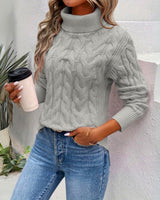 Women's Cable-Knit Chunky-Knit Ribbed Turtleneck Sweater in Gray, on model