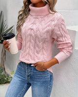 Women's Cable-Knit Chunky-Knit Ribbed Turtleneck Sweater in Pink, on model
