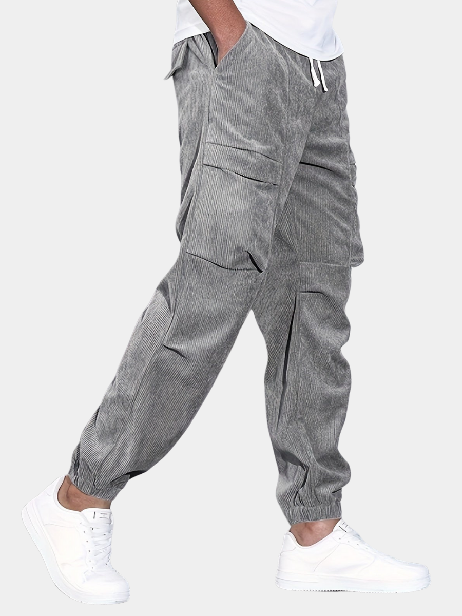 Corduroy-Style Cargo Joggers for Men – Drawstring Waist, Flap Pockets, Cuffed Ankles