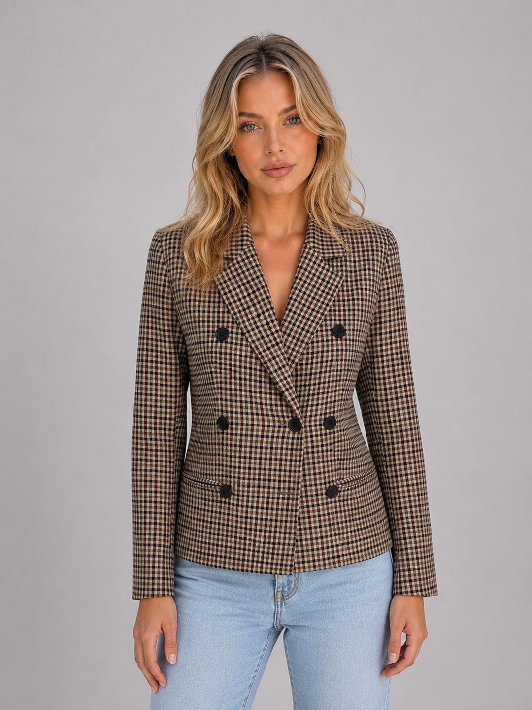 Checked Double-Breasted Blazer for Women – Notched Lapels, Flap Pockets in Taupe