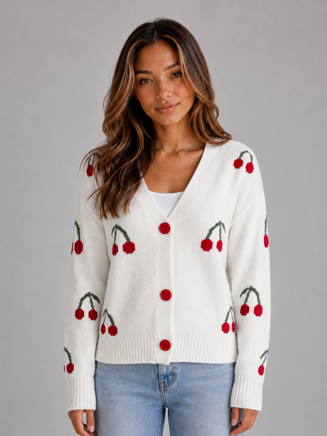 Cherry Print V-Neck Knit Cardigan for Women – Button Front, Ribbed Hem