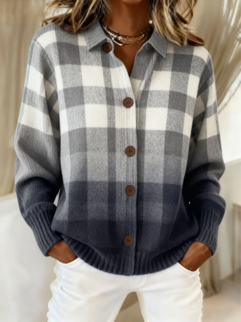 Warm-Lined Relaxed Knit Cardigan for Women – Structured Shoulders in Gray