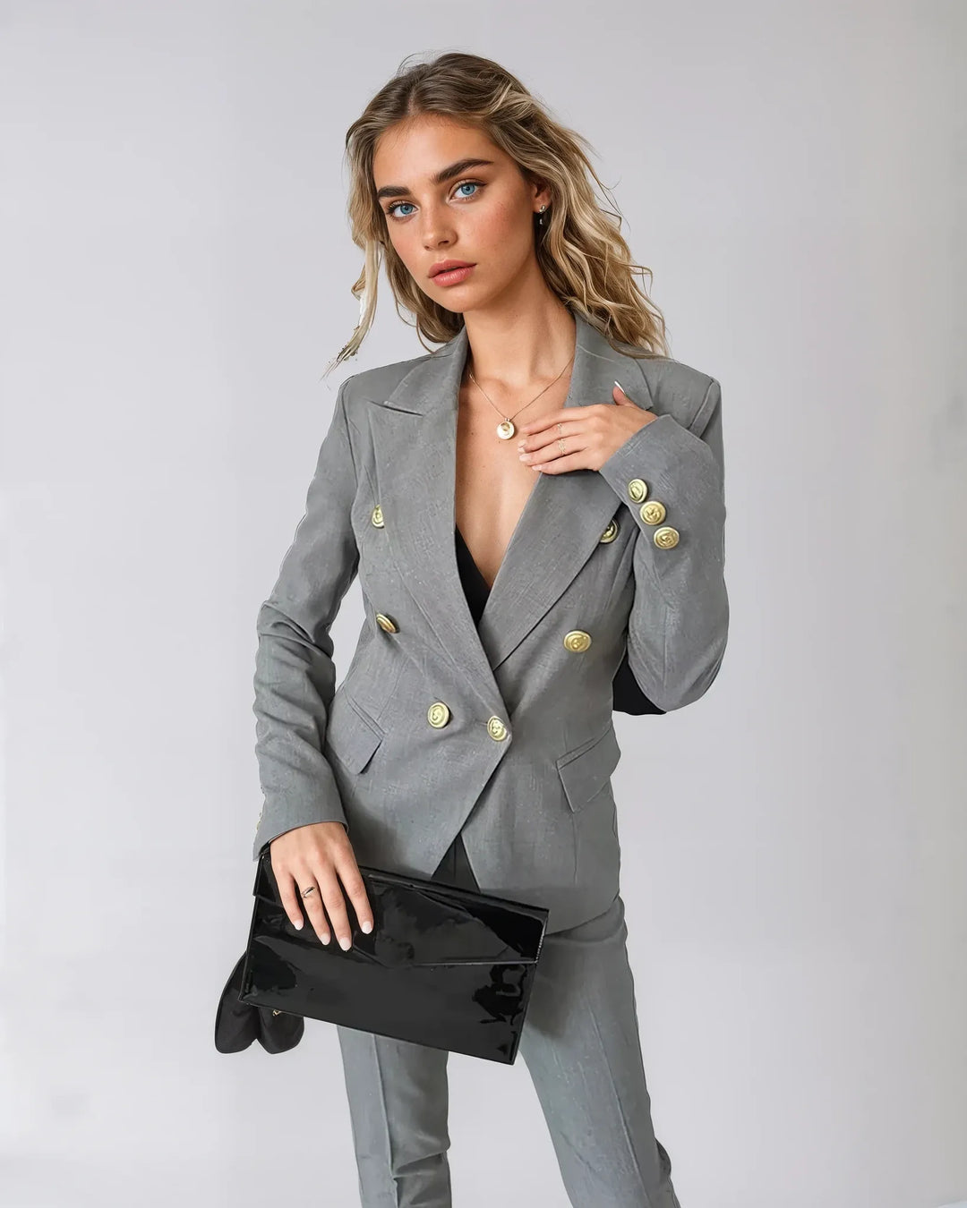 Wrap-Front Two-Piece Suit Set for Women – Fitted Waist, Slim Through the Body