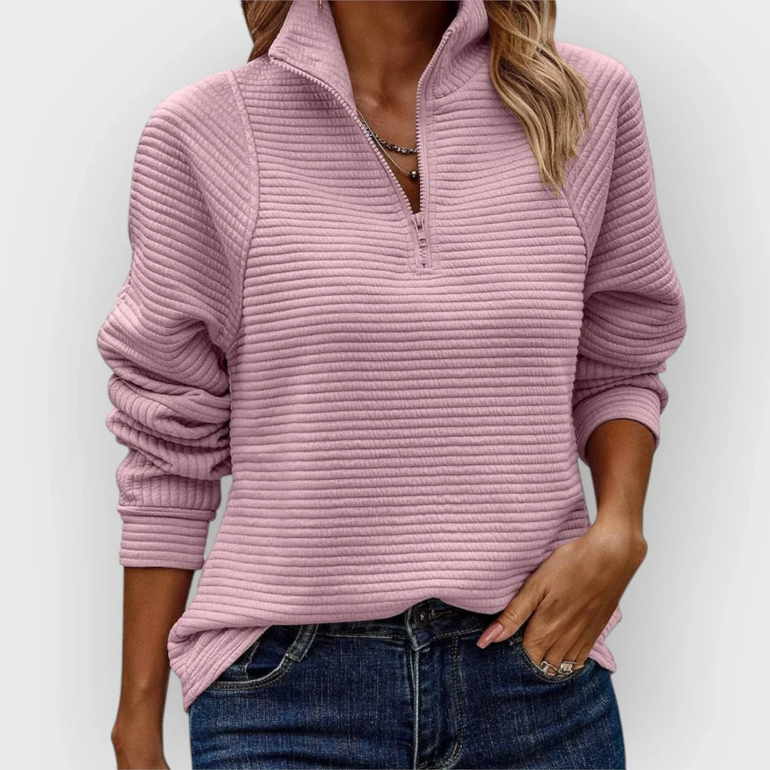 Zip-Up Ribbed Sweater for Women – Cotton Blend, Relaxed Fit
