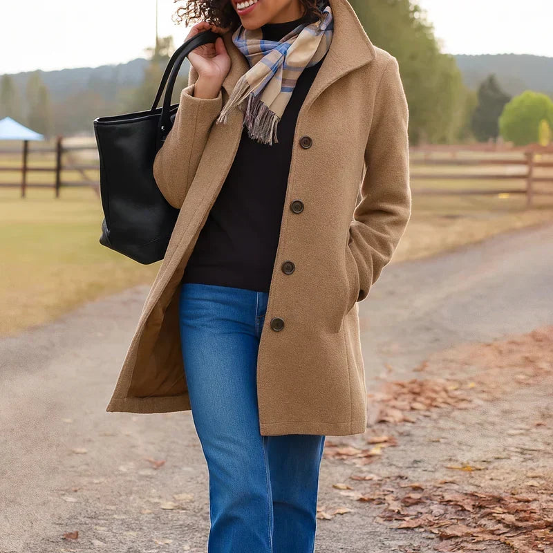 Button-Front Spring Coat for Women – Warm Lining, Relaxed Fit, Full Length