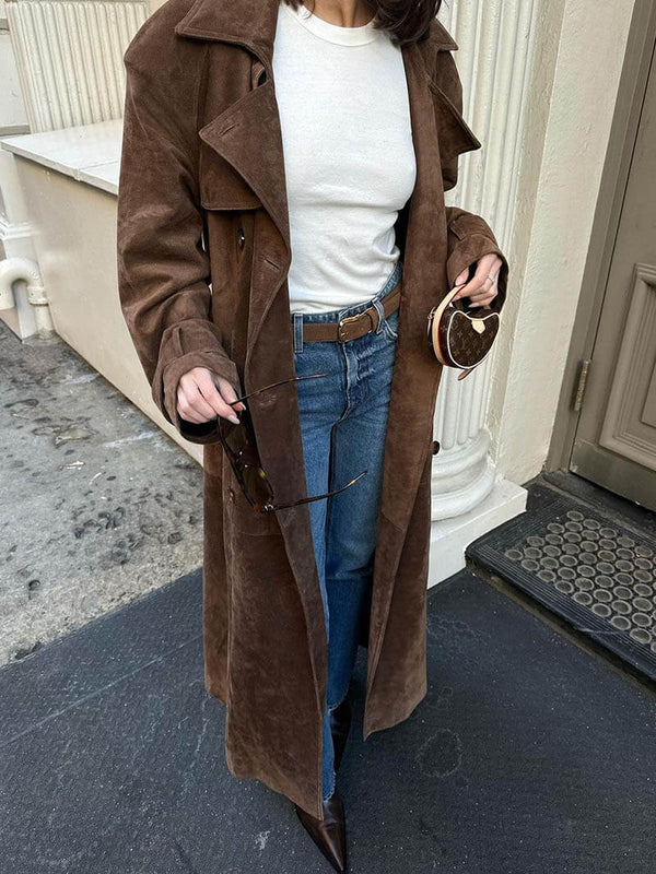 Faux Suede Trench Coat for Women – Fitted Waist, Relaxed Fit in Brown