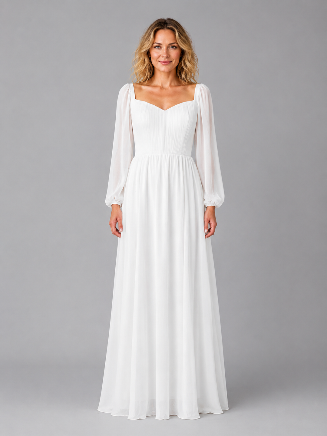 Chiffon Maxi Dress for Women – Square Neckline, Long Sleeves, Low V-Back in White