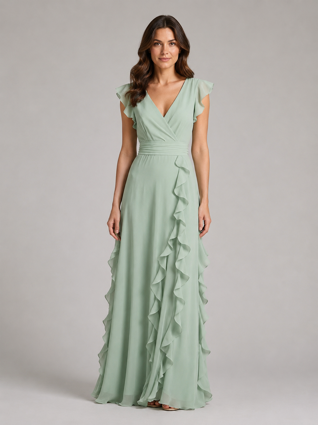 Chiffon Wrap-Style Maxi Dress for Women – Flutter Sleeves, Cascading Ruffles in Sage Green