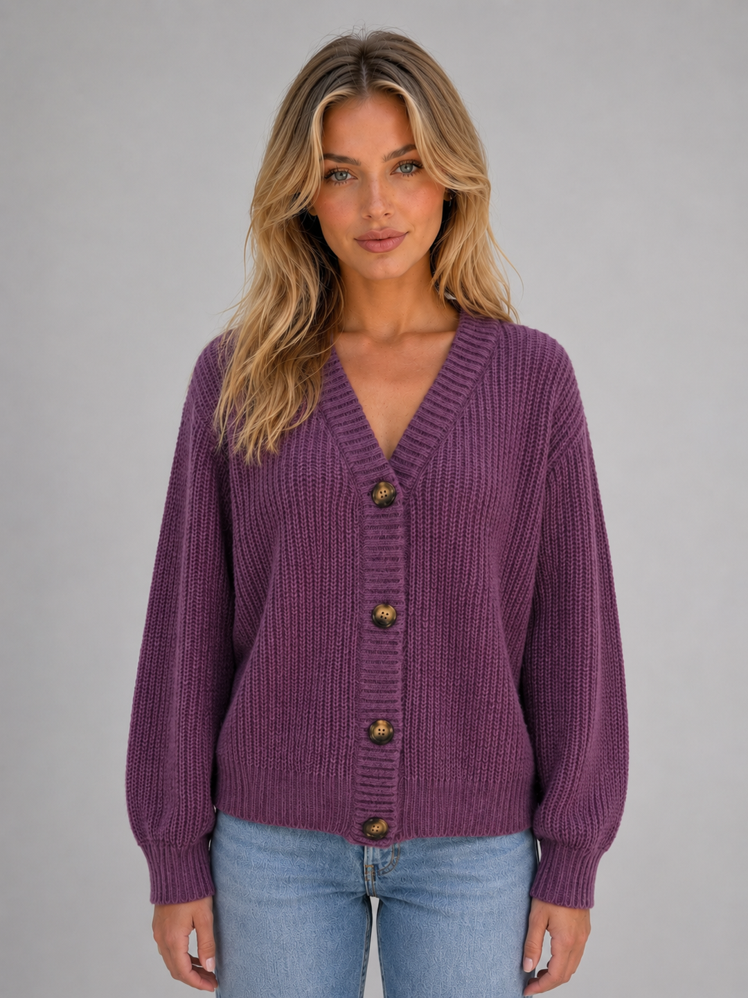 Chunky Ribbed Knit Cardigan for Women – V-Neck, Statement Buttons, Relaxed Fit