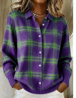 Button-Front Knit Cardigan for Women – Soft Knit, Structured Shoulders in Purple & Green