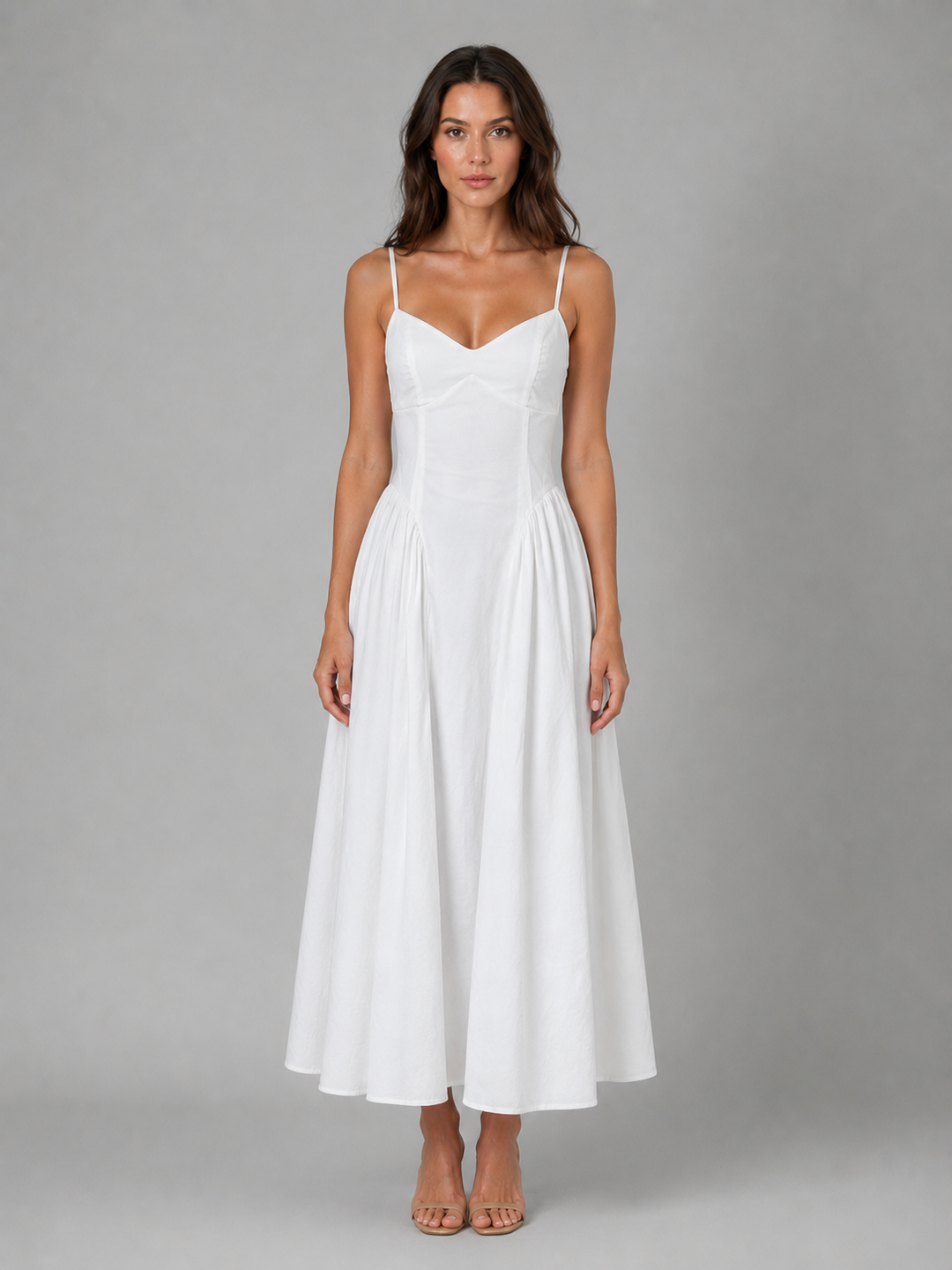 Corset Midi Dress for Women – Full Tulle-Lined Skirt, Sweetheart Neckline in White