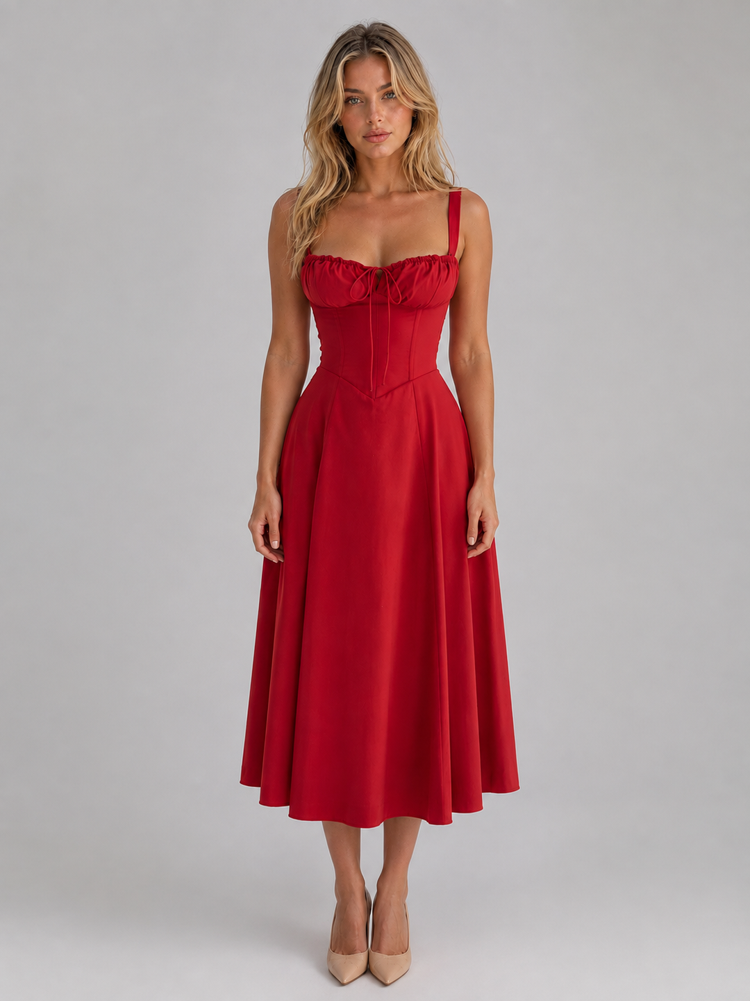 Corset Bodice Midi Dress for Women – Sweetheart Neckline, Knife-Pleated Skirt, Lace-Up Back