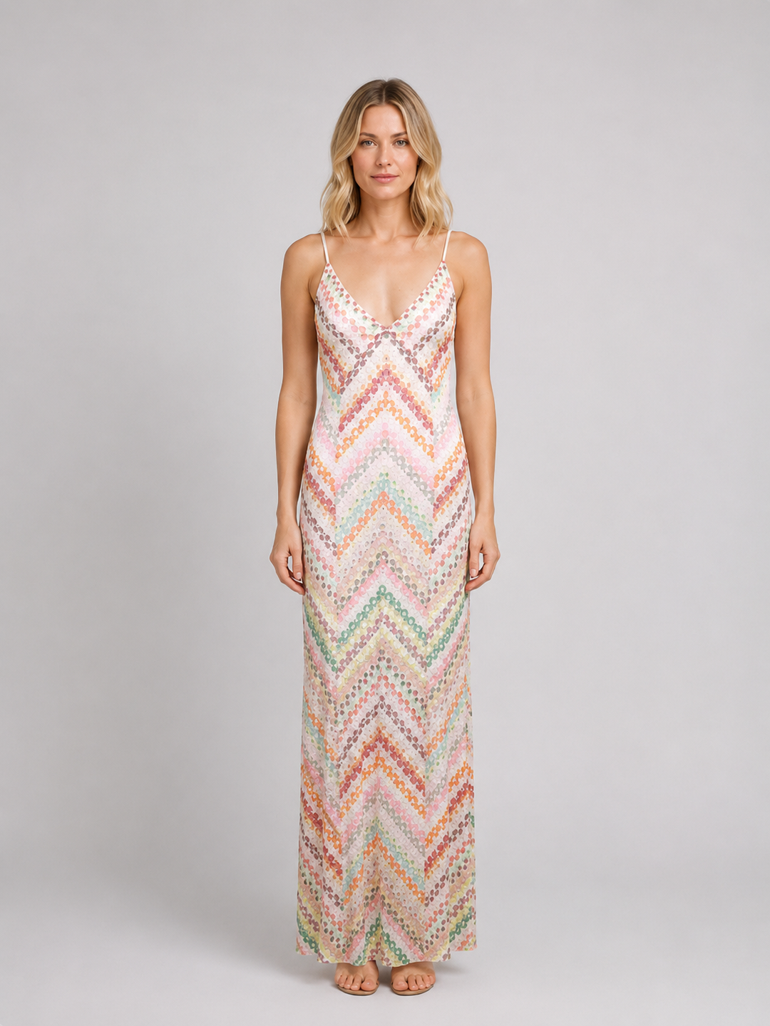 Open Crochet Knit Maxi Dress for Women – Multicolor Chevron Pattern, V-Neckline