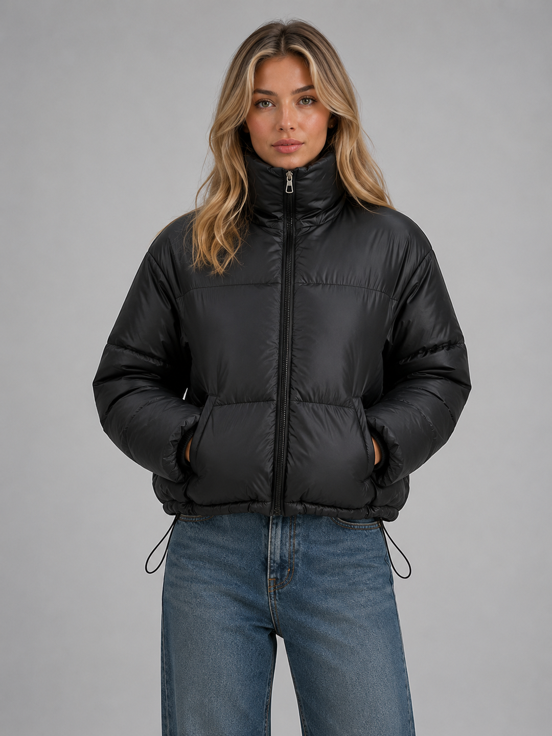 Cropped Quilted Puffer Jacket for Women – High Stand Collar, Drawcord Hem, Oversized Fit