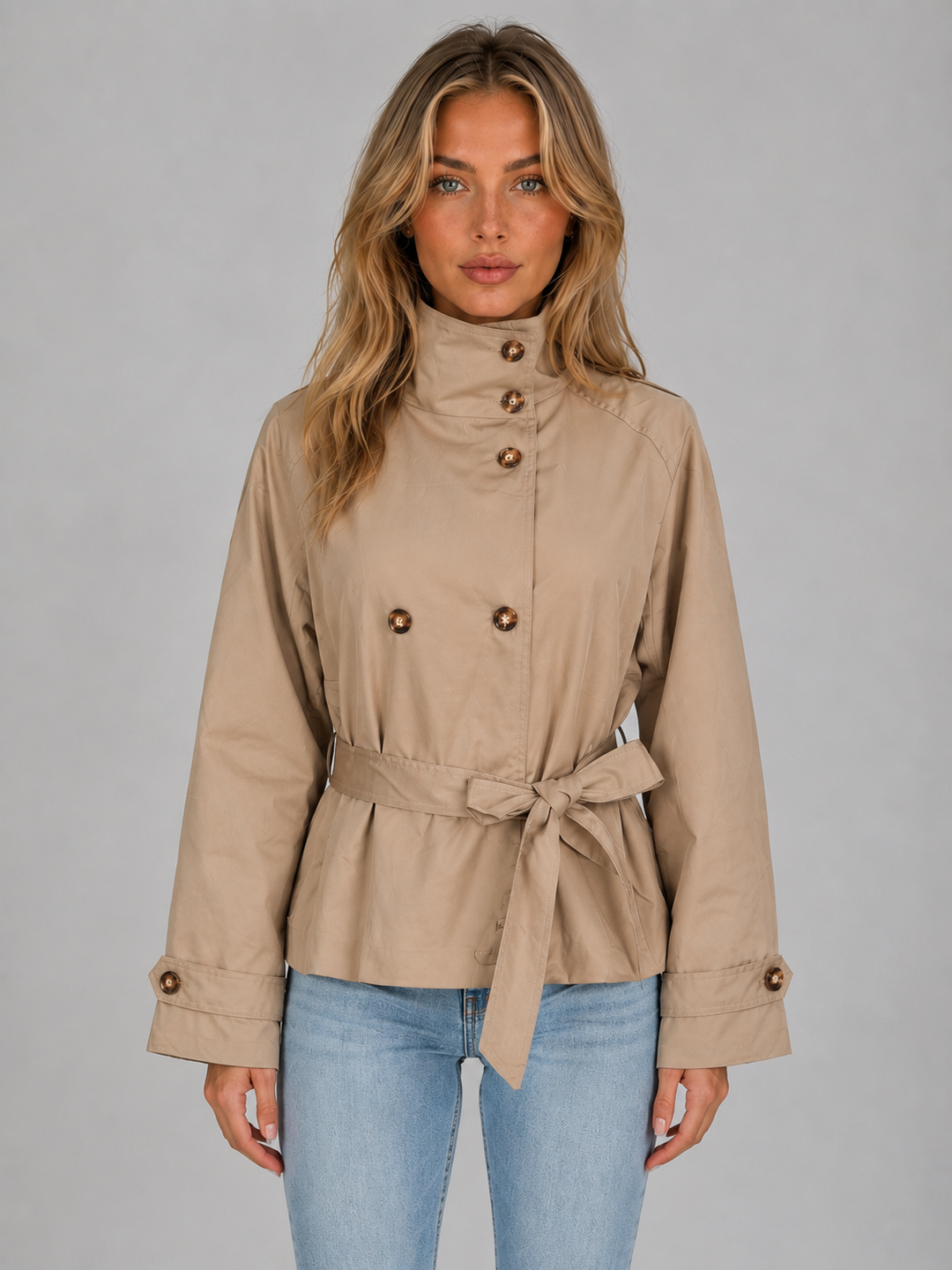 Cropped Double-Breasted Trench Jacket for Women – Tie Belt, Stand Collar in Beige