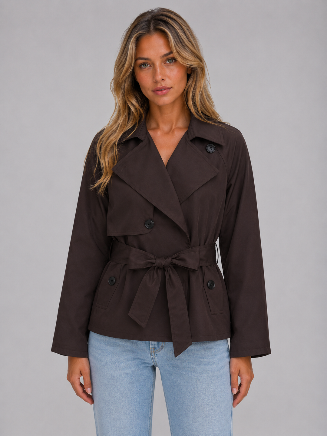Cropped Double-Breasted Trench Jacket for Women – Lapel Collar, Storm Flap, Tie Belt