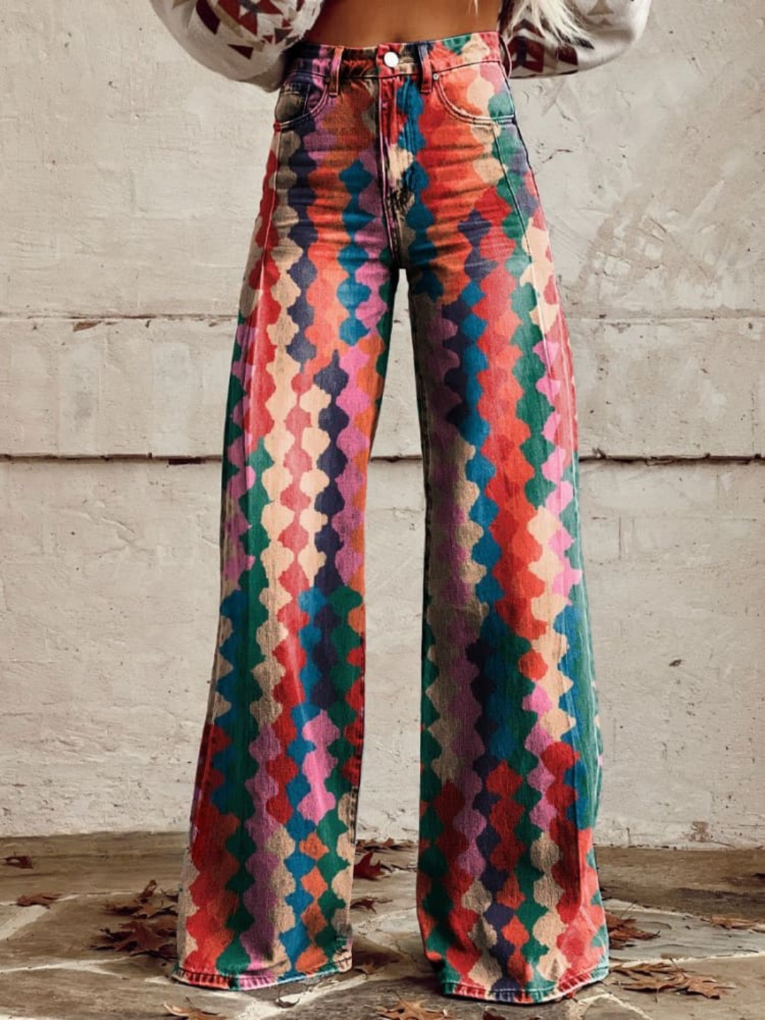 Printed Bohemian Jeans for Women – Denim Fabric, Easy Fit, Smart for Work in Multicolor