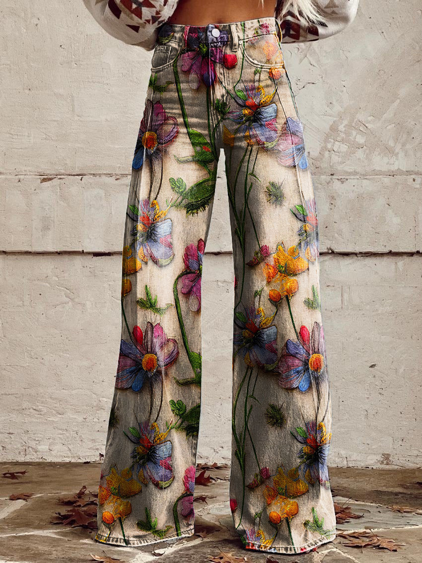 Printed Denim Jeans for Women – Clean Leg Line, Comfortable Waistband in Beige & Floral