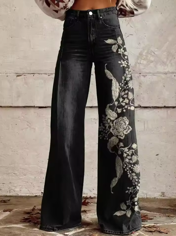 Printed Denim Jeans for Women – Bohemian Style, Holds Its Shape in Black