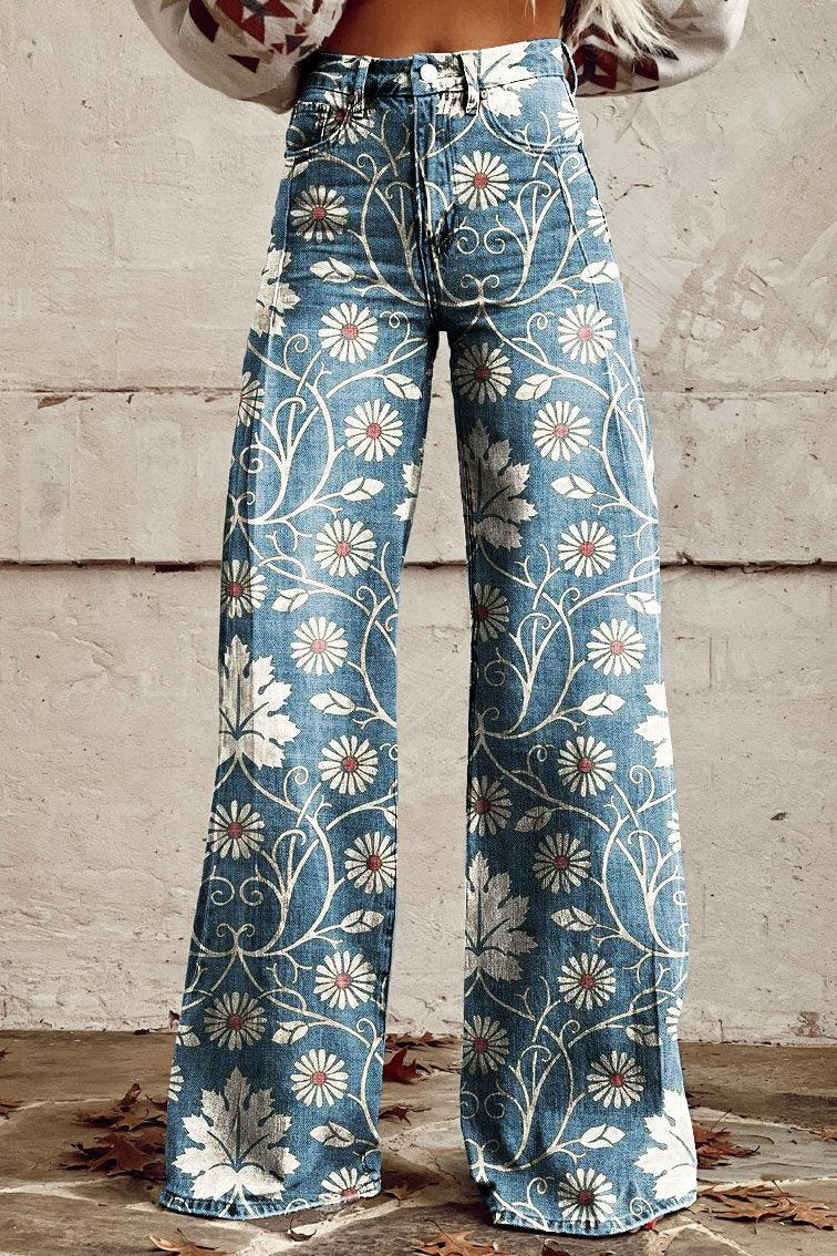 Floral Print Denim Jeans for Women – Relaxed Fit, Comfortable Waistband in Blue & Floral
