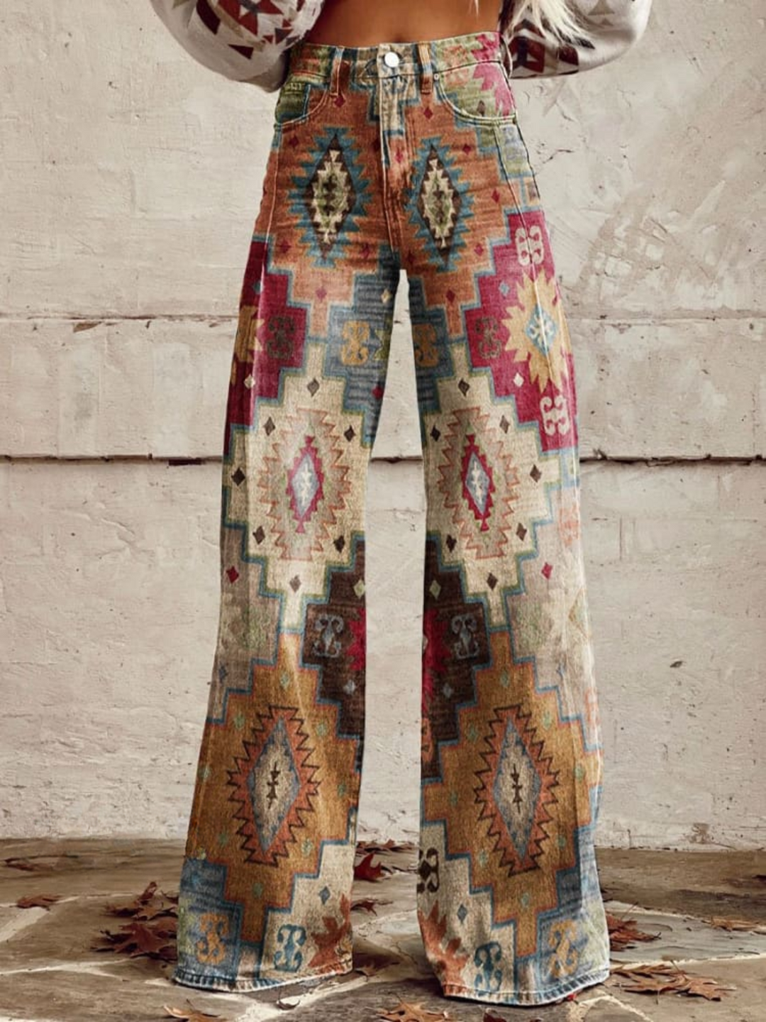 Bohemian Denim Jeans for Women – Floral Print, Holds Its Shape in Brown