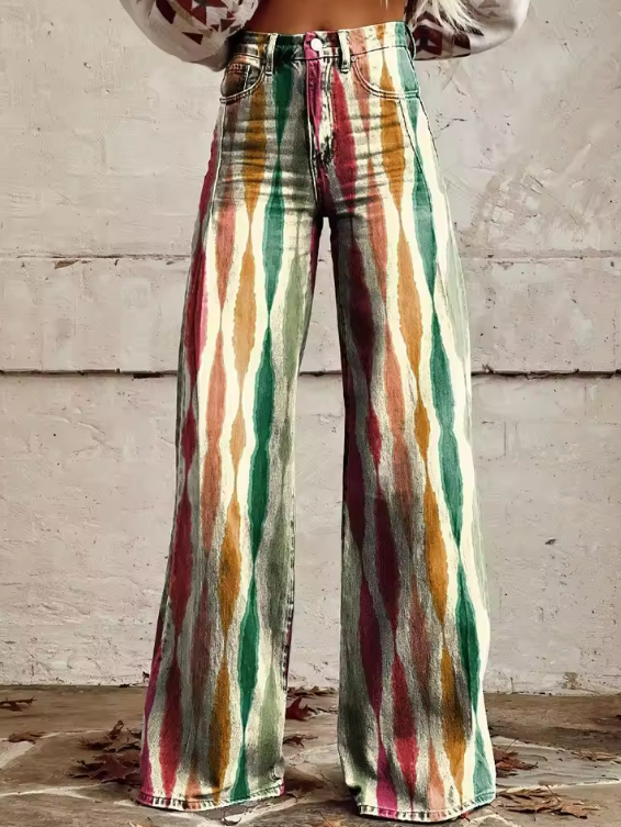 Relaxed Denim Jeans for Women – Floral Print, Clean Leg Line in Green
