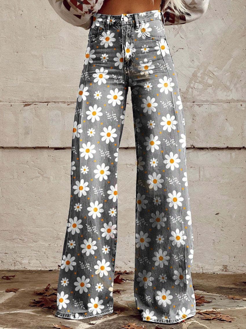 Bohemian Denim Jeans for Women – Floral Print, Relaxed Fit in Gray & Floral