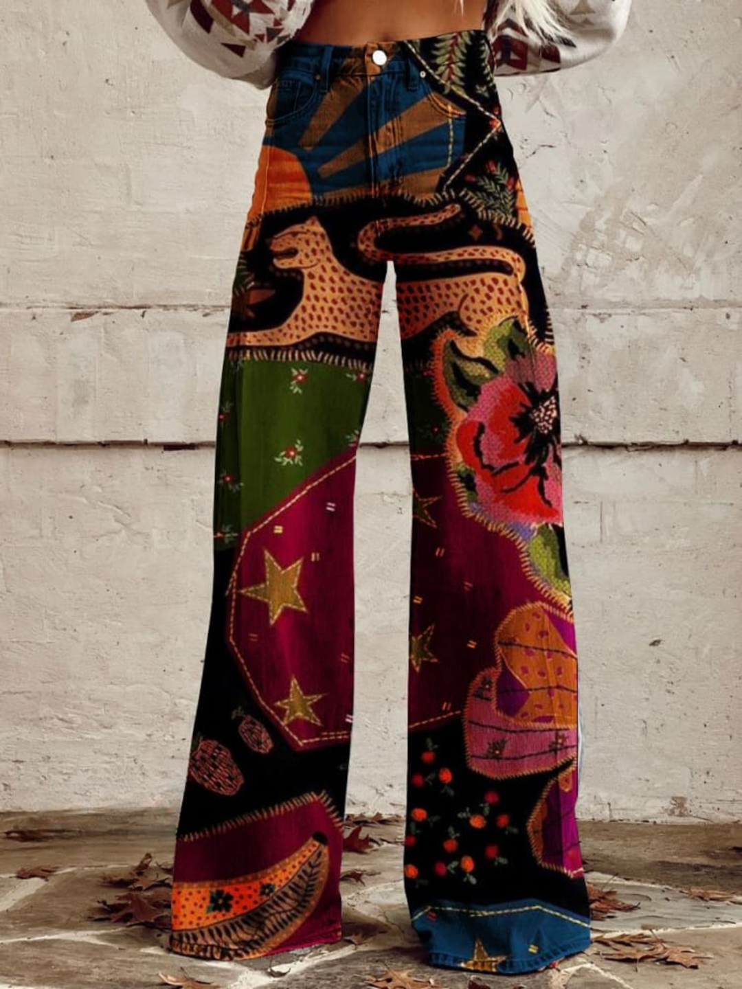 Bohemian Floral Denim Jeans for Women – Relaxed Fit, Clean Leg Line in Red