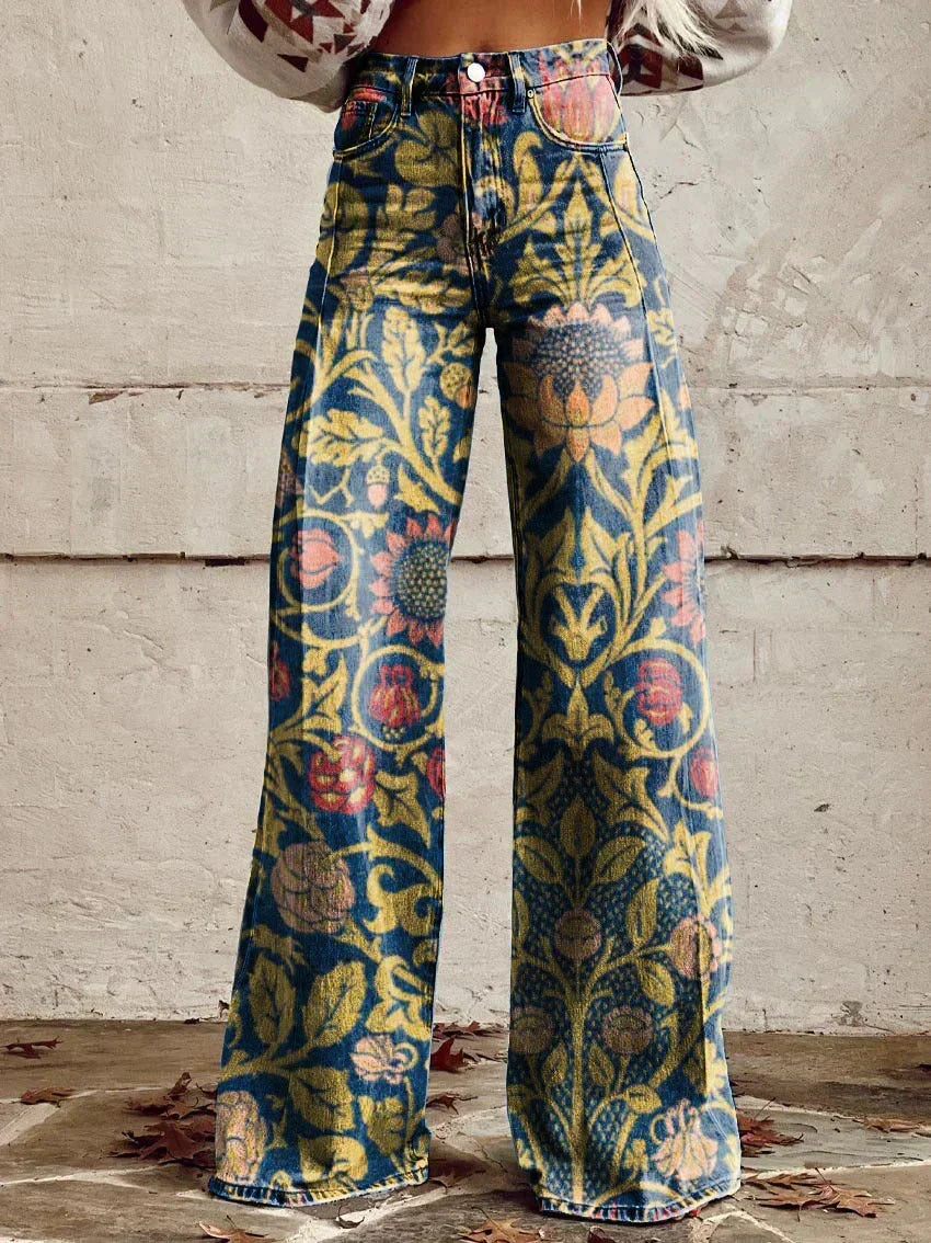 Printed Denim Jeans for Women – Relaxed Easy Fit, Clean Leg Line in Yellow