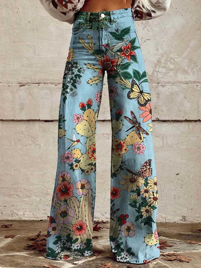 Bohemian Printed Jeans for Women – Relaxed Denim Fit, Comfortable Waistband in Blue