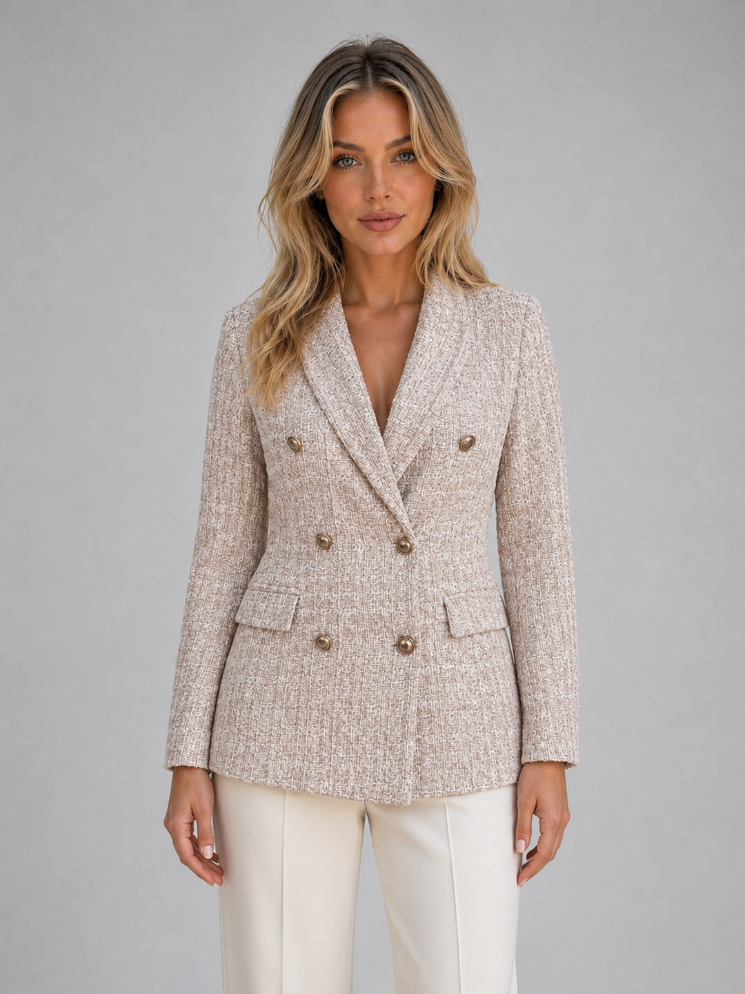 Tweed Double-Breasted Blazer for Women – Gold-Tone Buttons, Notched Lapels in Soft Beige
