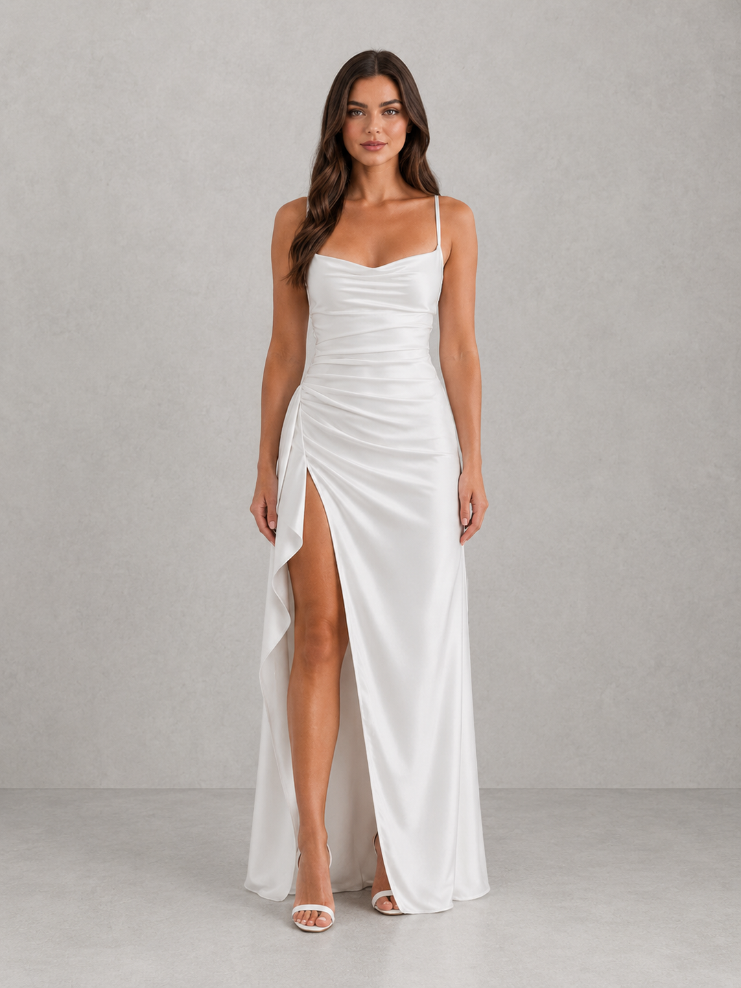 Draped Neckline Satin-Look Maxi Dress for Women – Ruched Bodice, High Side Split