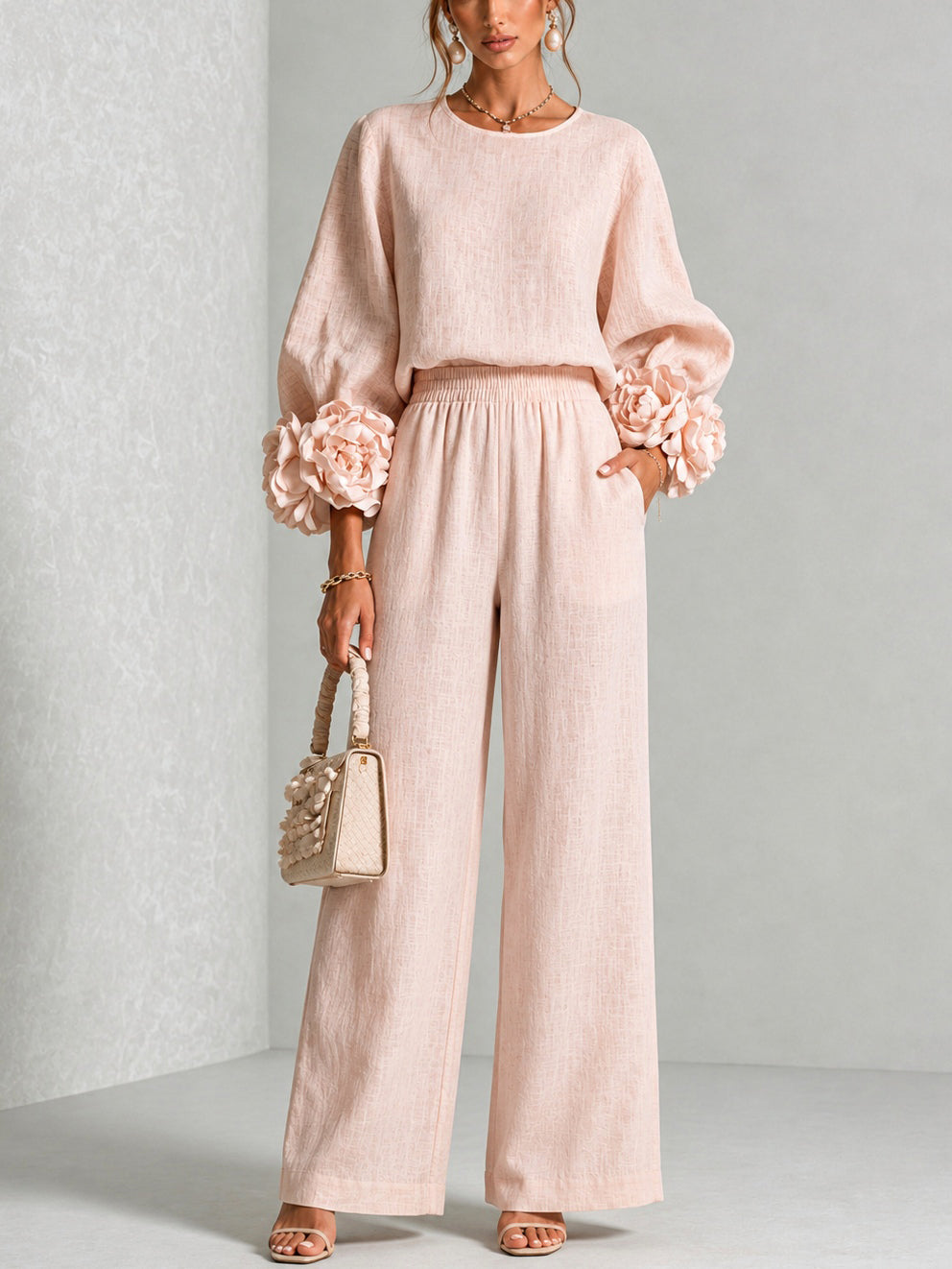 Floral Linen-Look Two-Piece Set for Women – Belted Waist, Breathable Fabric