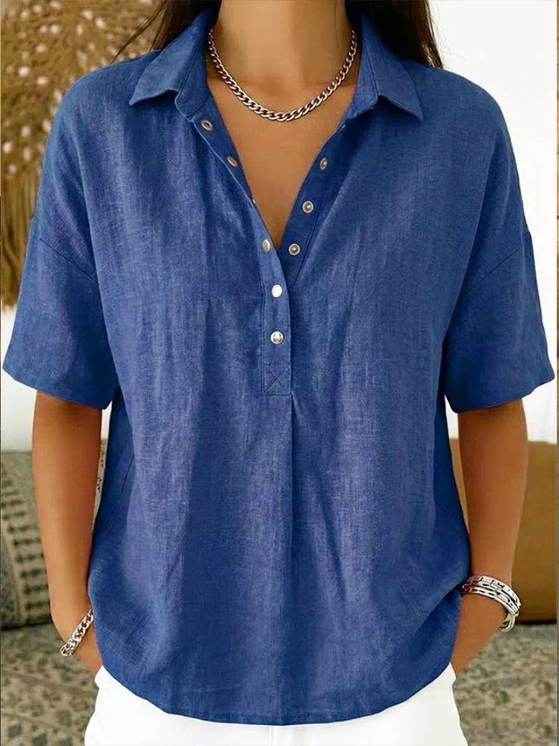 Linen-Look Collared Blouse for Women – Breathable Fabric, Tuck In or Wear Loose