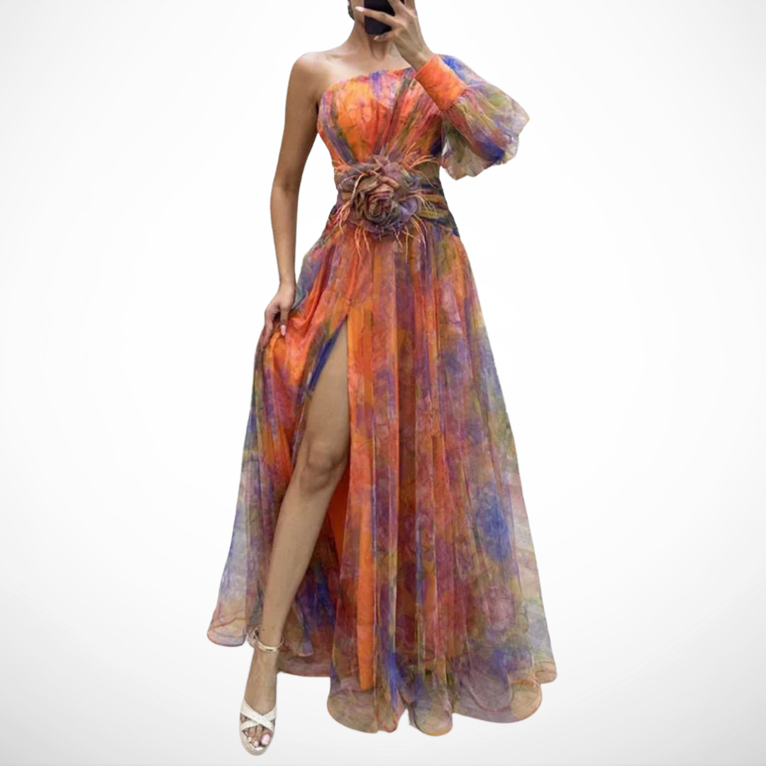 Floral Asymmetric Hem Dress for Women – Skimming Silhouette in Orange