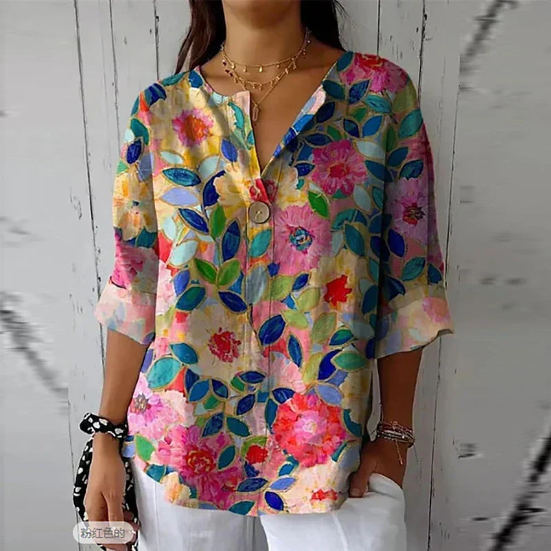Floral Print Blouse for Women – Neat Collar, Soft Shoulders, Tuck or Wear Loose