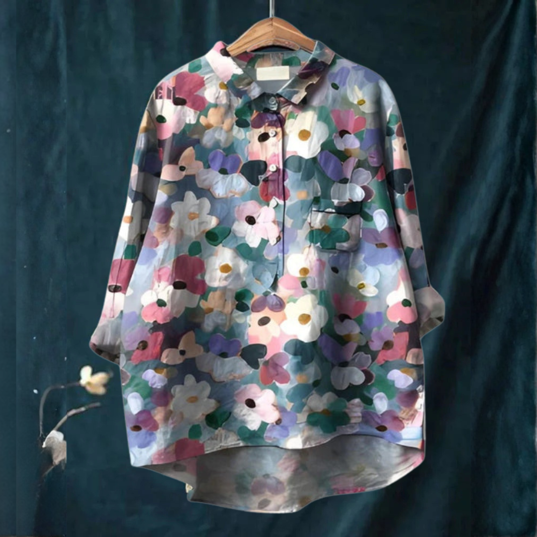 Collared Placket Blouse for Women – Easy Sleeves, Tucked or Loose, Print 29