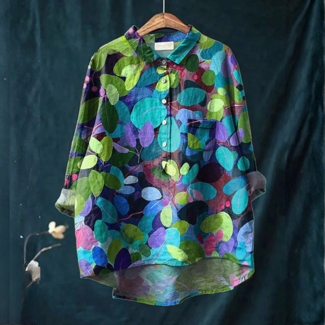 Women's Collared Blouse – Placket Front, Softly Structured Shoulders, Print 30