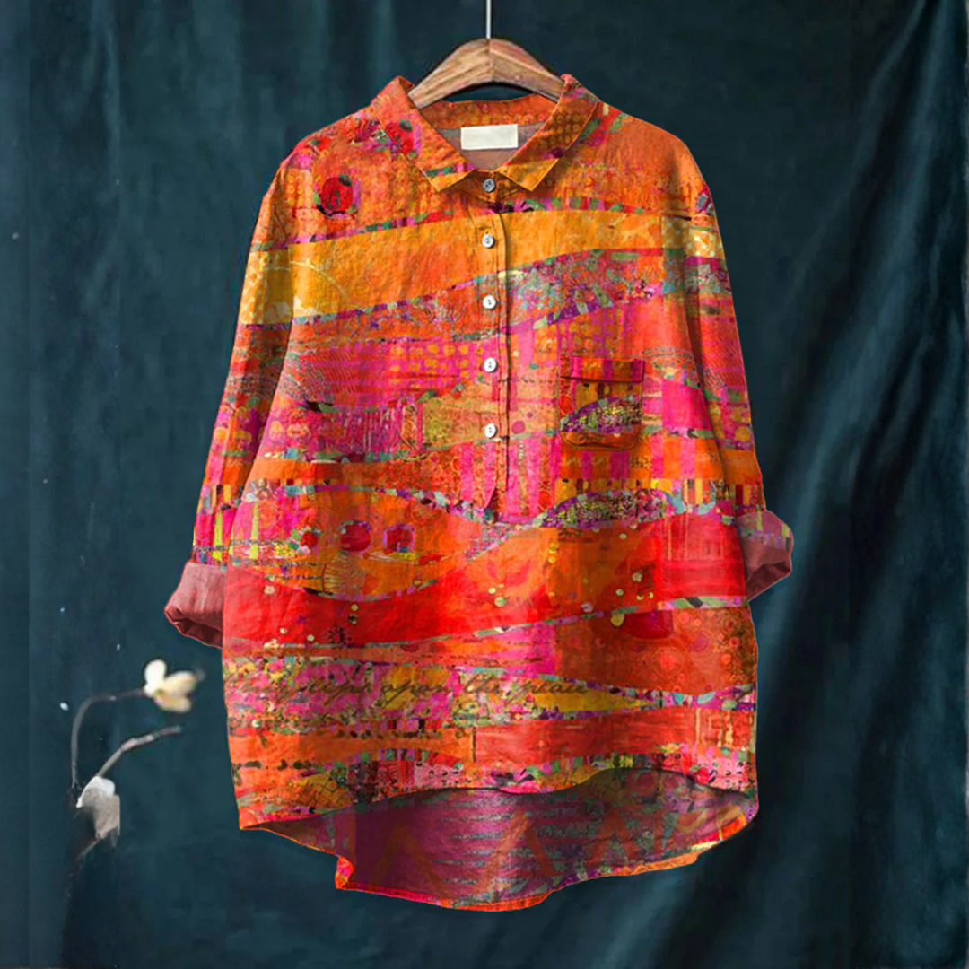 Women's Collared Shirt-Style Blouse – Soft Structure, Tuck or Loose, Print 34