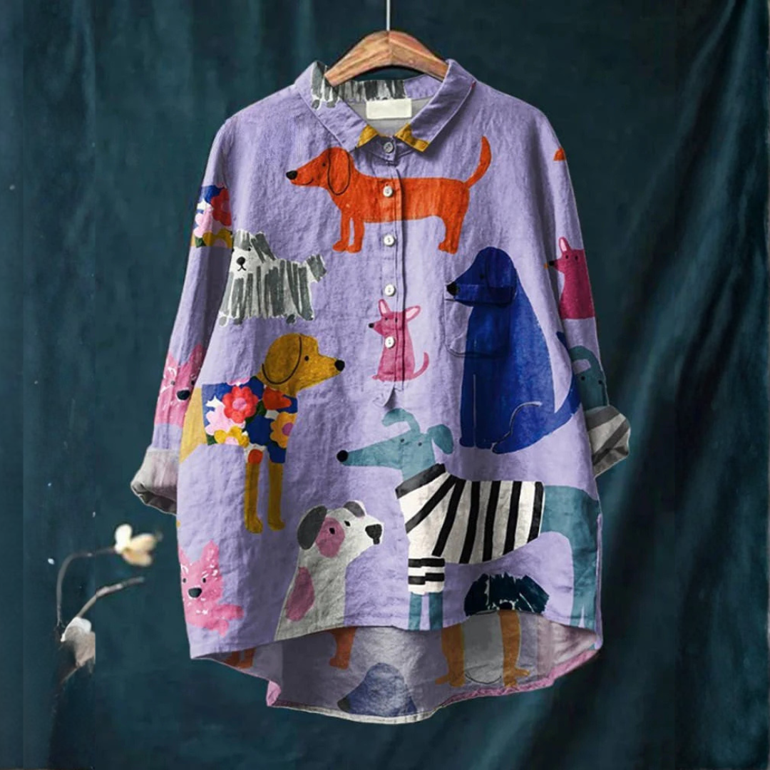 Women's Shirt-Style Blouse with Collar – Neat Placket, Loose or Tucked, Print 39
