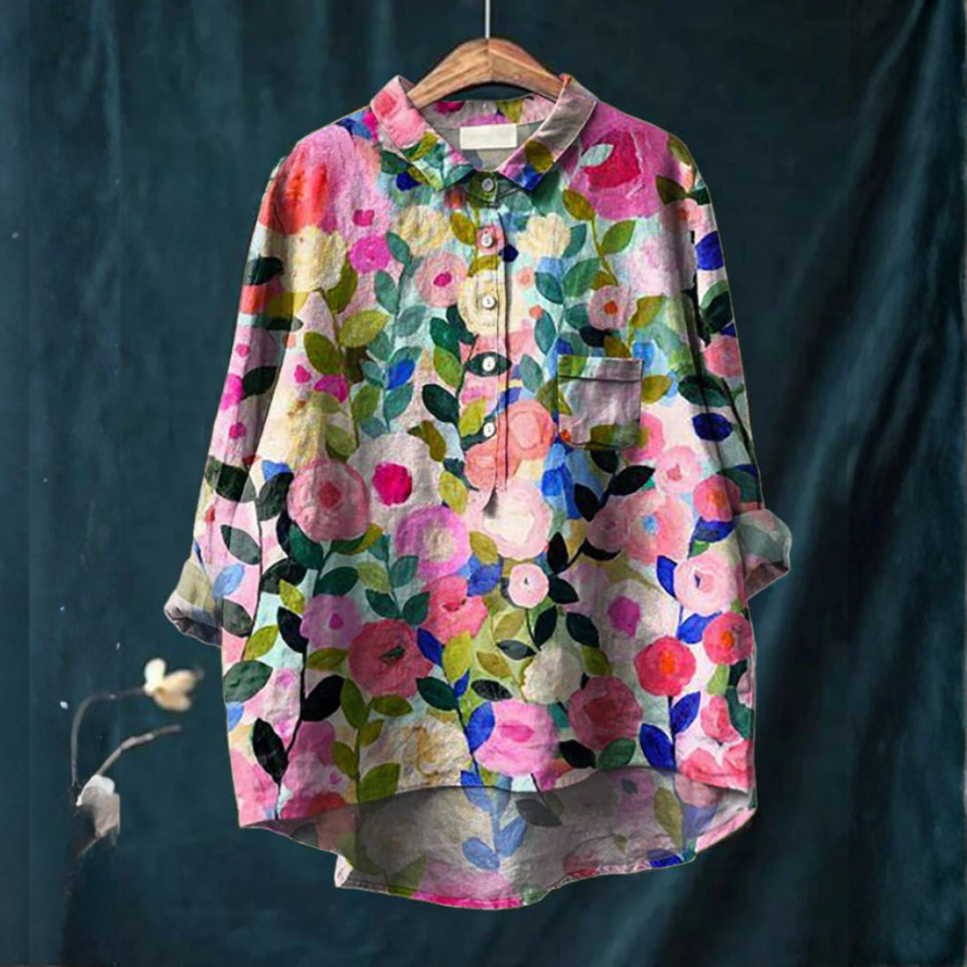 Women's Collared Blouse – Placket Front, Softly Structured Shoulders, Print 49