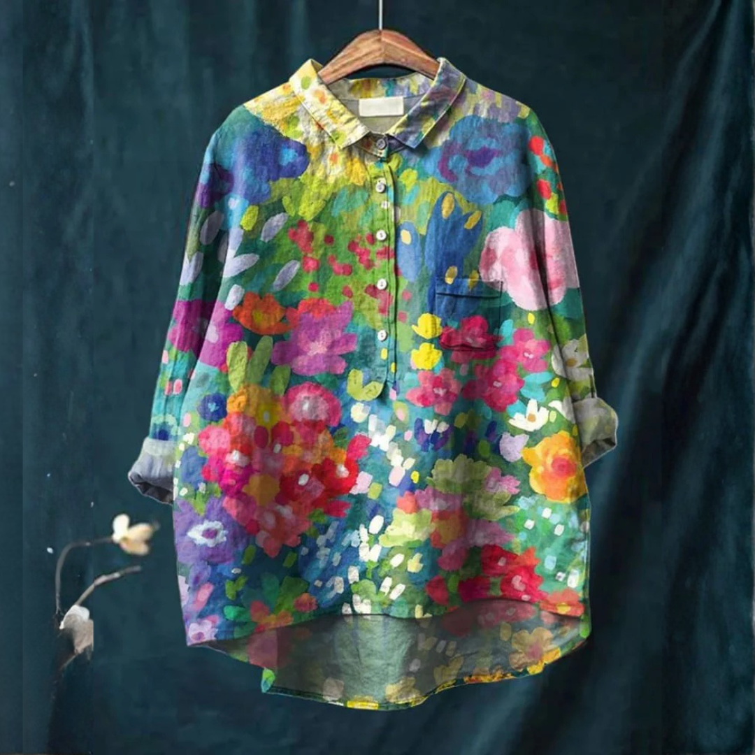 Flowing Shirt-Style Blouse for Women – Collar, Neat Placket, Print 50